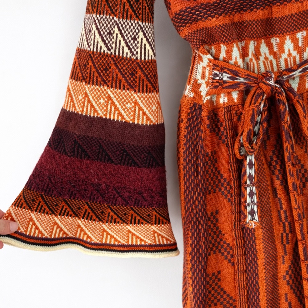 Free People Boho Knit Sweater Patchwork Dress Sm Orange Alpaca Blend Bell Sleeve - Picture 4 of 10